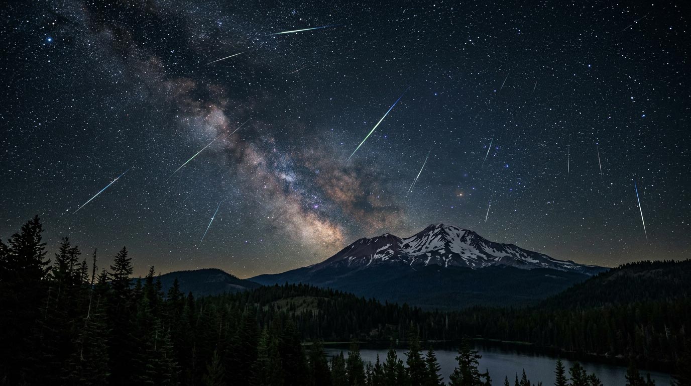meteors streaking above mount shasta milky way