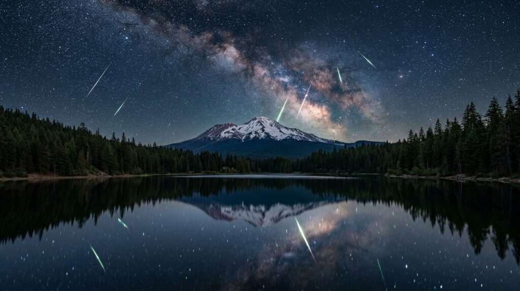 Perseid meteors reflected over Lake Siskiyou and Mount Shasta