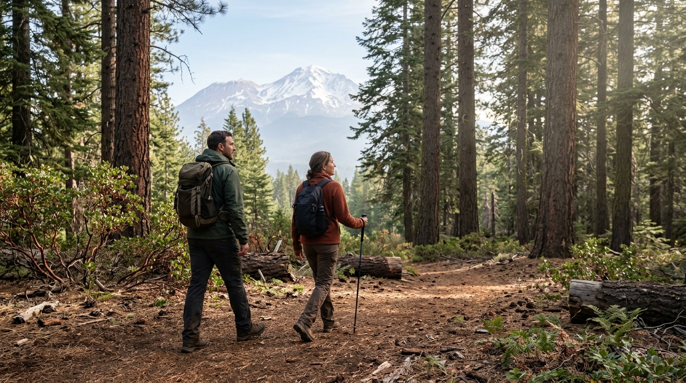 Hikers exploring forest trails near Mount Shasta in the expanding Gateway Trail System
