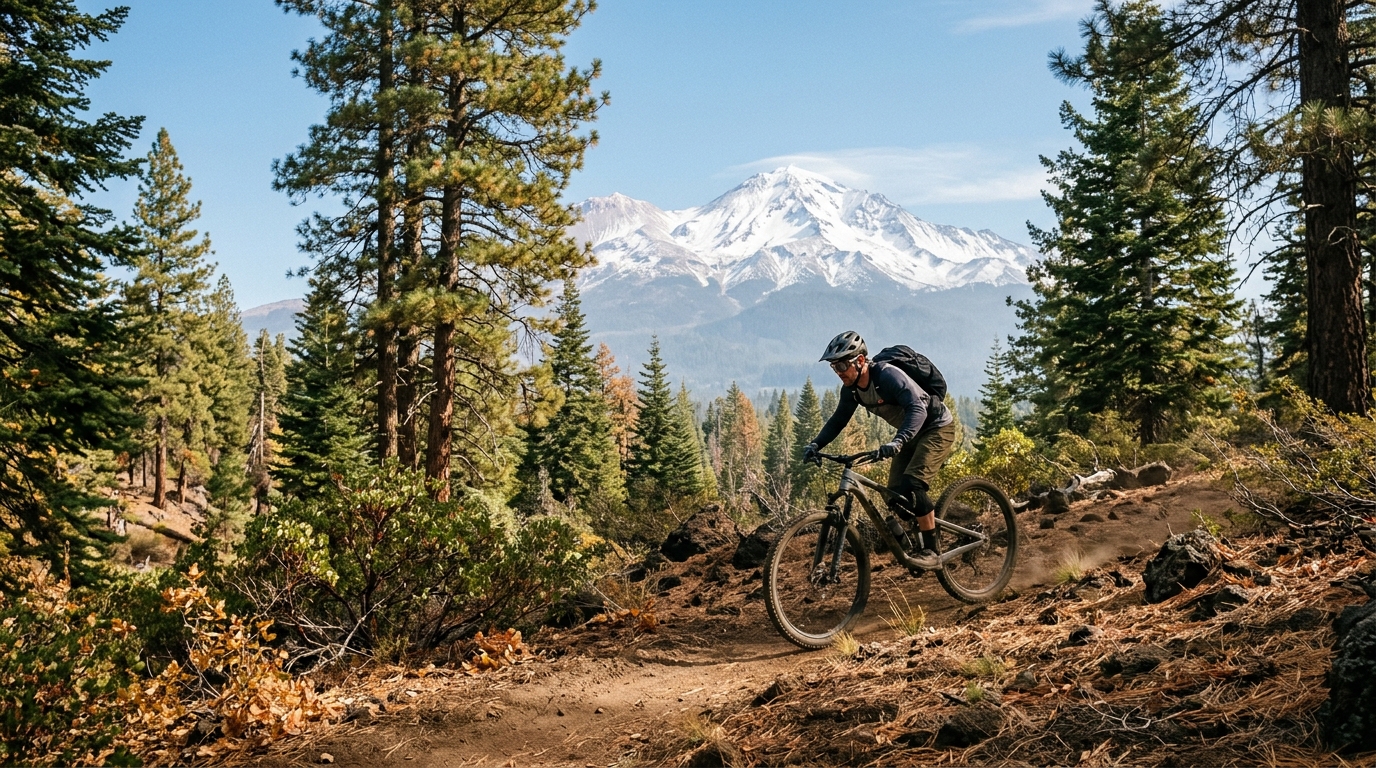 Mountain biker riding the Mount Shasta Gateway Trail in Siskiyou County during the 2026 expansion
